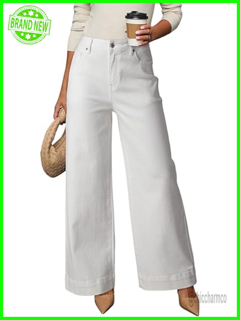 High Waisted Stretch Wide Leg Denim Jeans With Pockets